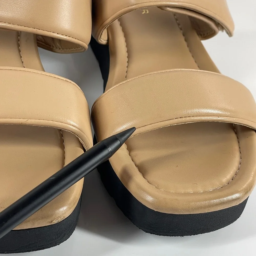 Sz 7.5 Marc Fisher Womens Tan Beige Double Strap Platform Slide Sandals Go to